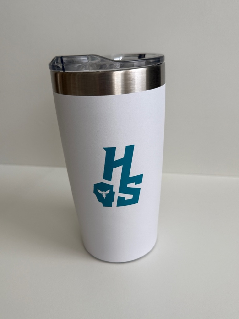 White Stainless Steel Charlotte Hornets Tumbler with Teal Hive Society logo
